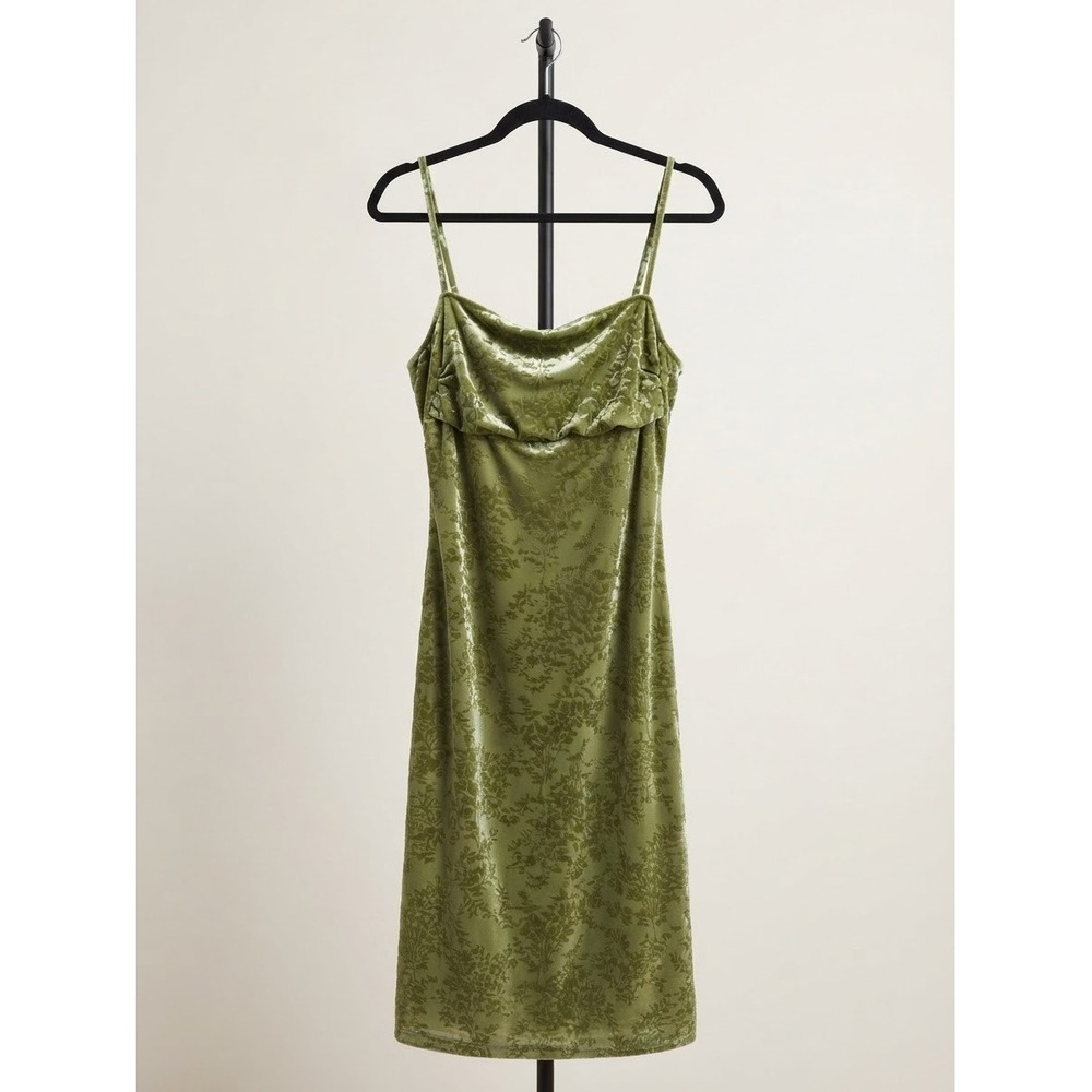 Small Lime Green Forest Fairy Floral Velvet Burnout Cowl Neck Midi Dress Y2K 90s